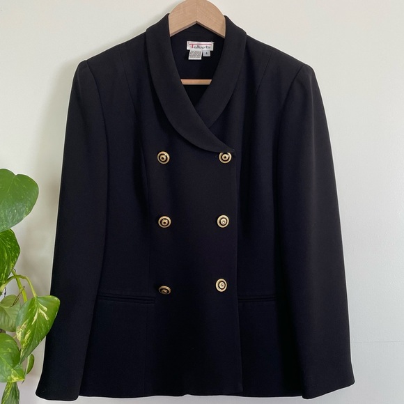 Talbots Vintage Black Crepe Double-Breasted Gold Button Blazer - Picture 1 of 13